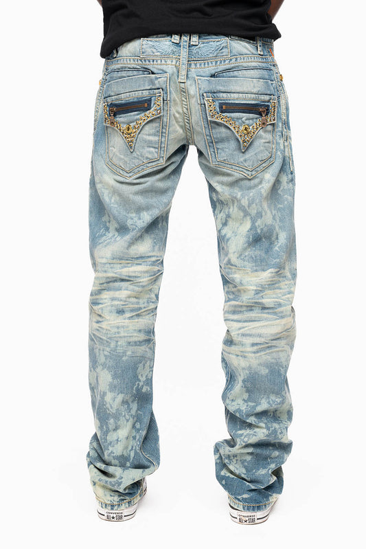MENS SMALL FLAP POCKET STRAIGHT LEG JEANS IN ODESSA VINTAGE MEDIUM WASH WITH CRYSTALS