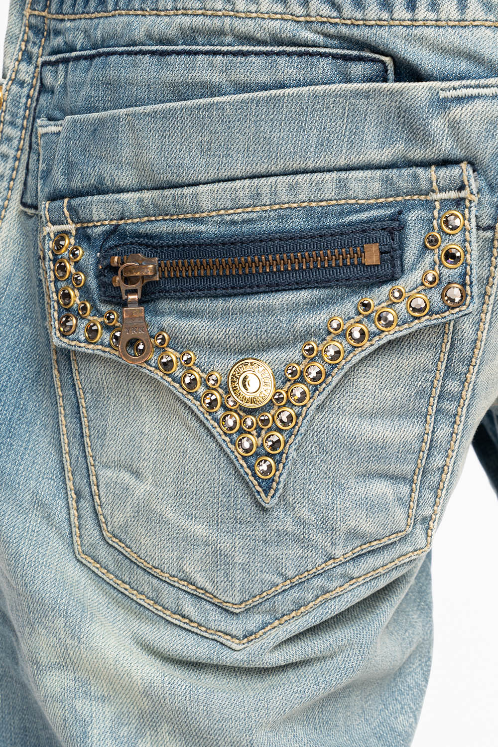 MENS SMALL FLAP POCKET STRAIGHT LEG JEANS IN ODESSA VINTAGE MEDIUM WASH WITH CRYSTALS
