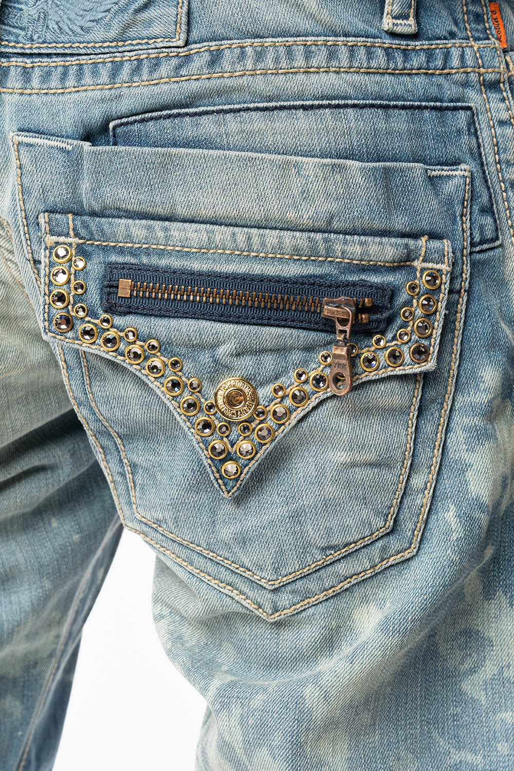MENS SMALL FLAP POCKET STRAIGHT LEG JEANS IN ODESSA VINTAGE MEDIUM WASH WITH CRYSTALS