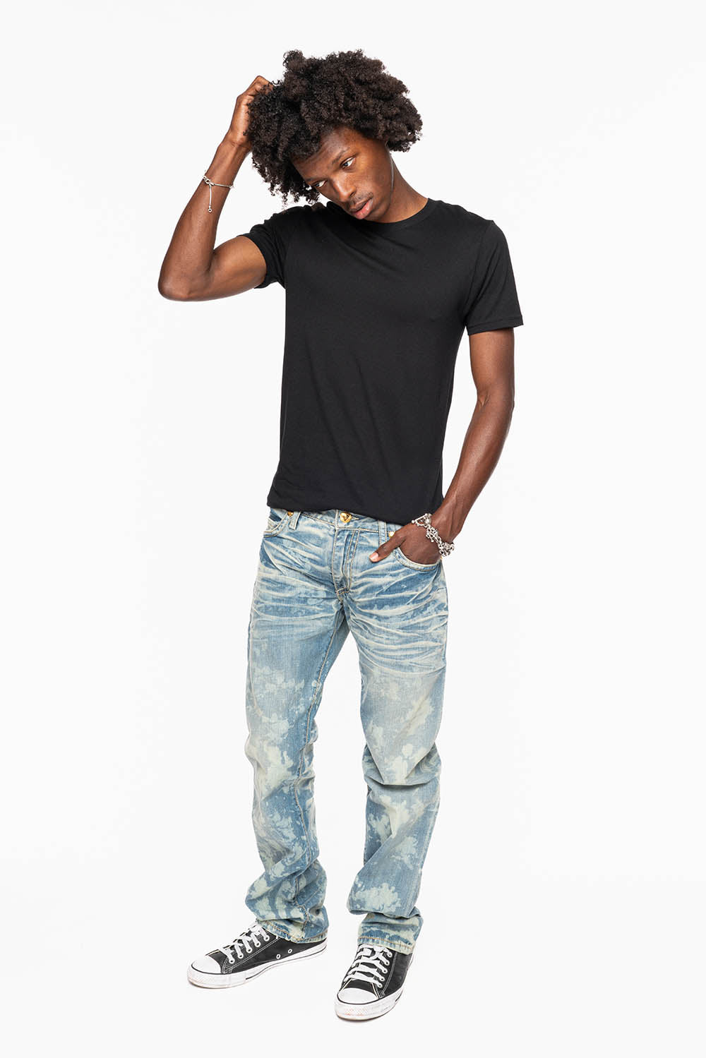 MENS SMALL FLAP POCKET STRAIGHT LEG JEANS IN ODESSA VINTAGE MEDIUM WASH WITH CRYSTALS