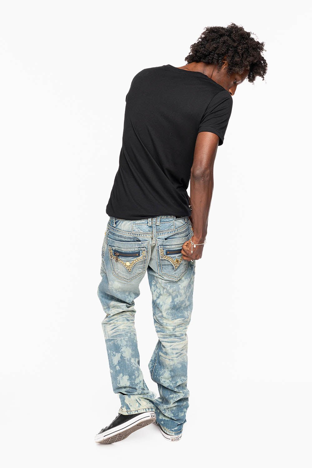 MENS SMALL FLAP POCKET STRAIGHT LEG JEANS IN ODESSA VINTAGE MEDIUM WASH WITH CRYSTALS