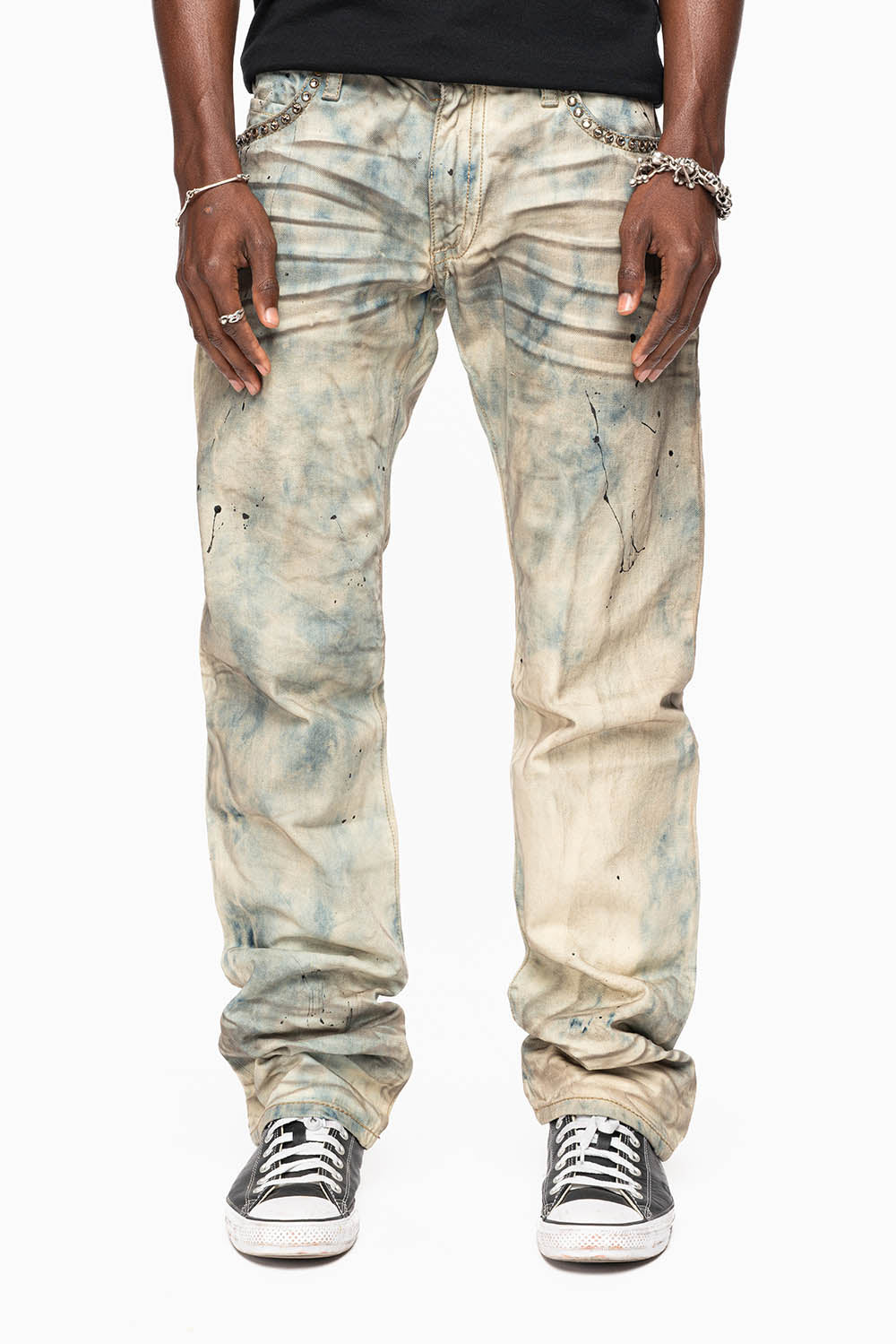 MENS SMALL FLAP POCKET STRAIGHT LEG JEANS IN FROZEN WASH WITH CRYSTALS