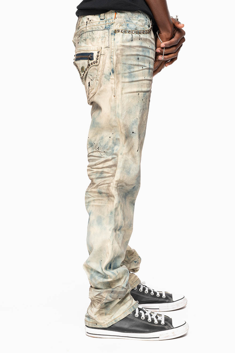 MENS SMALL FLAP POCKET STRAIGHT LEG JEANS IN FROZEN WASH WITH CRYSTALS