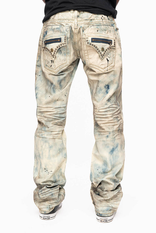 MENS SMALL FLAP POCKET STRAIGHT LEG JEANS IN FROZEN WASH WITH CRYSTALS