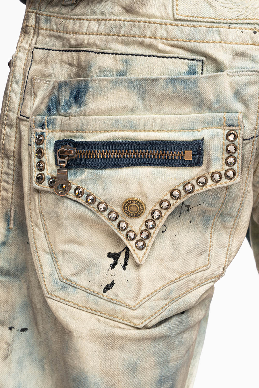 MENS SMALL FLAP POCKET STRAIGHT LEG JEANS IN FROZEN WASH WITH CRYSTALS
