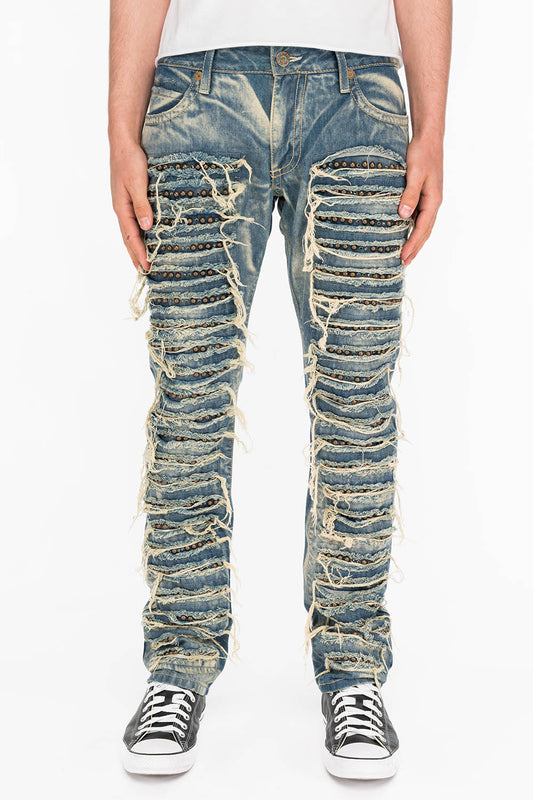 MARLON SLIM DESTROY WASHED DENIM JEANS IN BOSTON BLUE WITH STUDS AND CRYSTALS