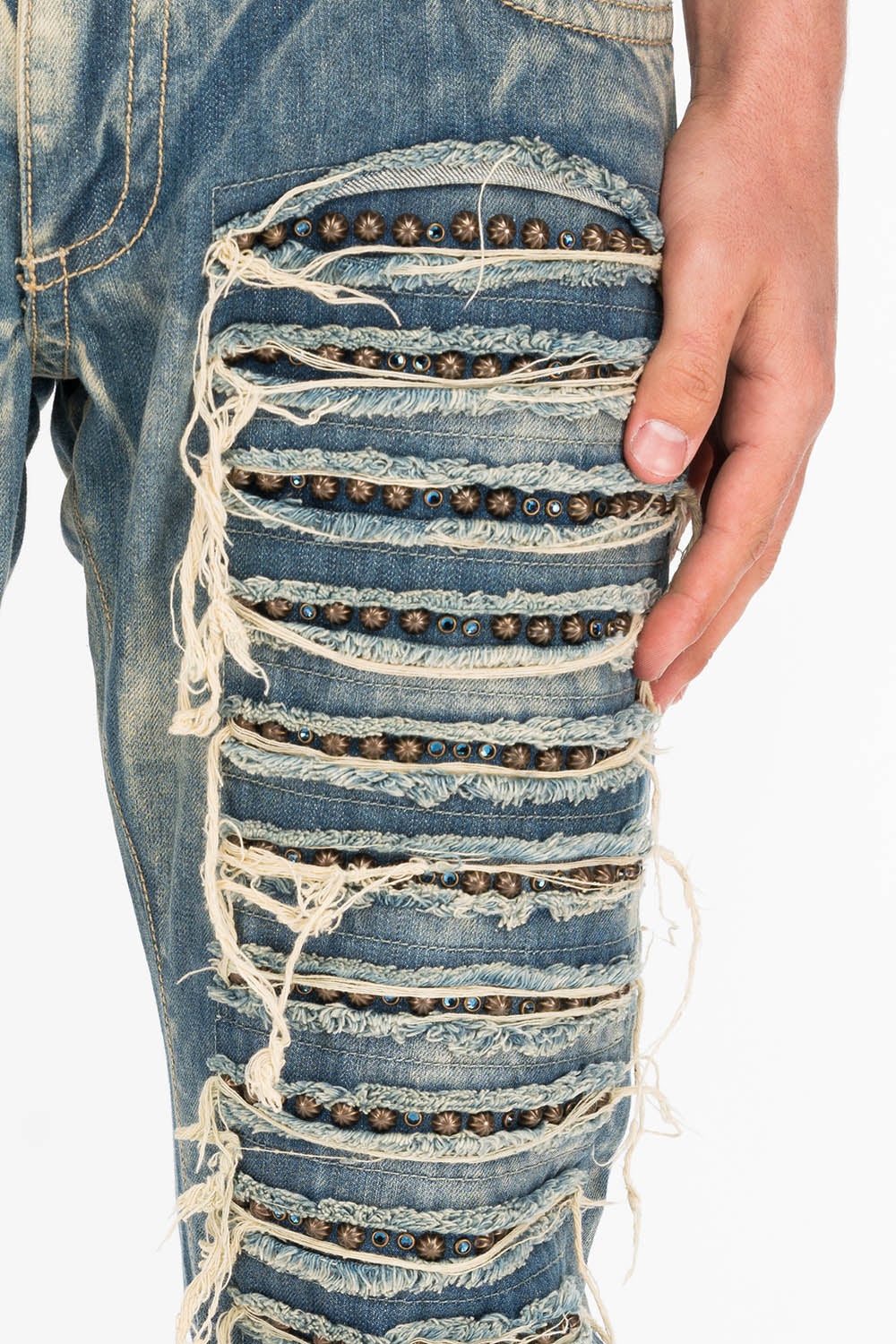 MARLON SLIM DESTROY WASHED DENIM JEANS IN BOSTON BLUE WITH STUDS AND CRYSTALS