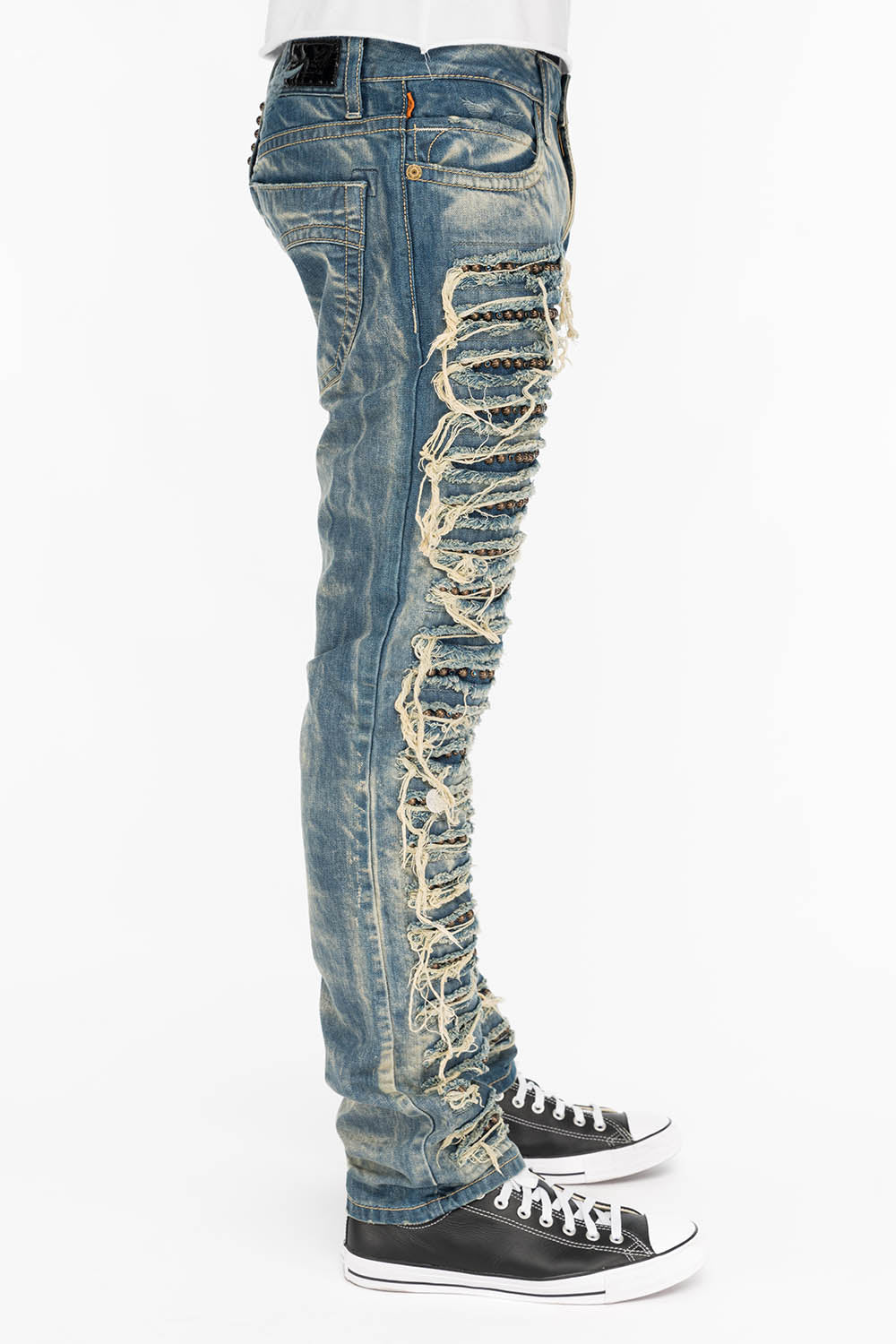 MARLON SLIM DESTROY WASHED DENIM JEANS IN BOSTON BLUE WITH STUDS AND CRYSTALS