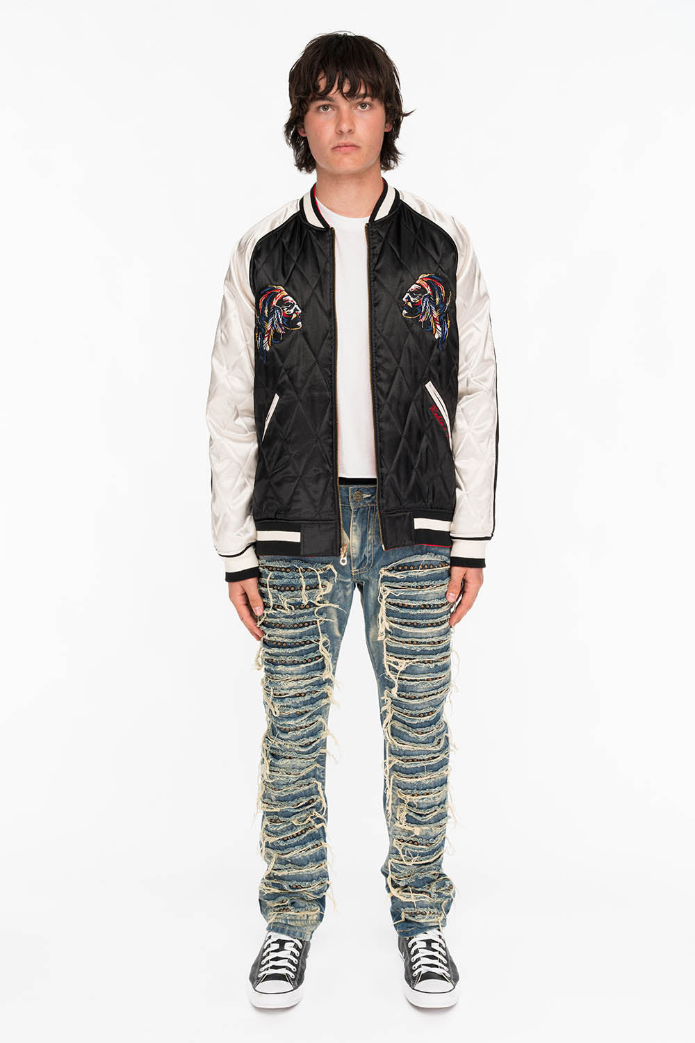 MARLON SLIM DESTROY WASHED DENIM JEANS IN BOSTON BLUE WITH STUDS AND CRYSTALS