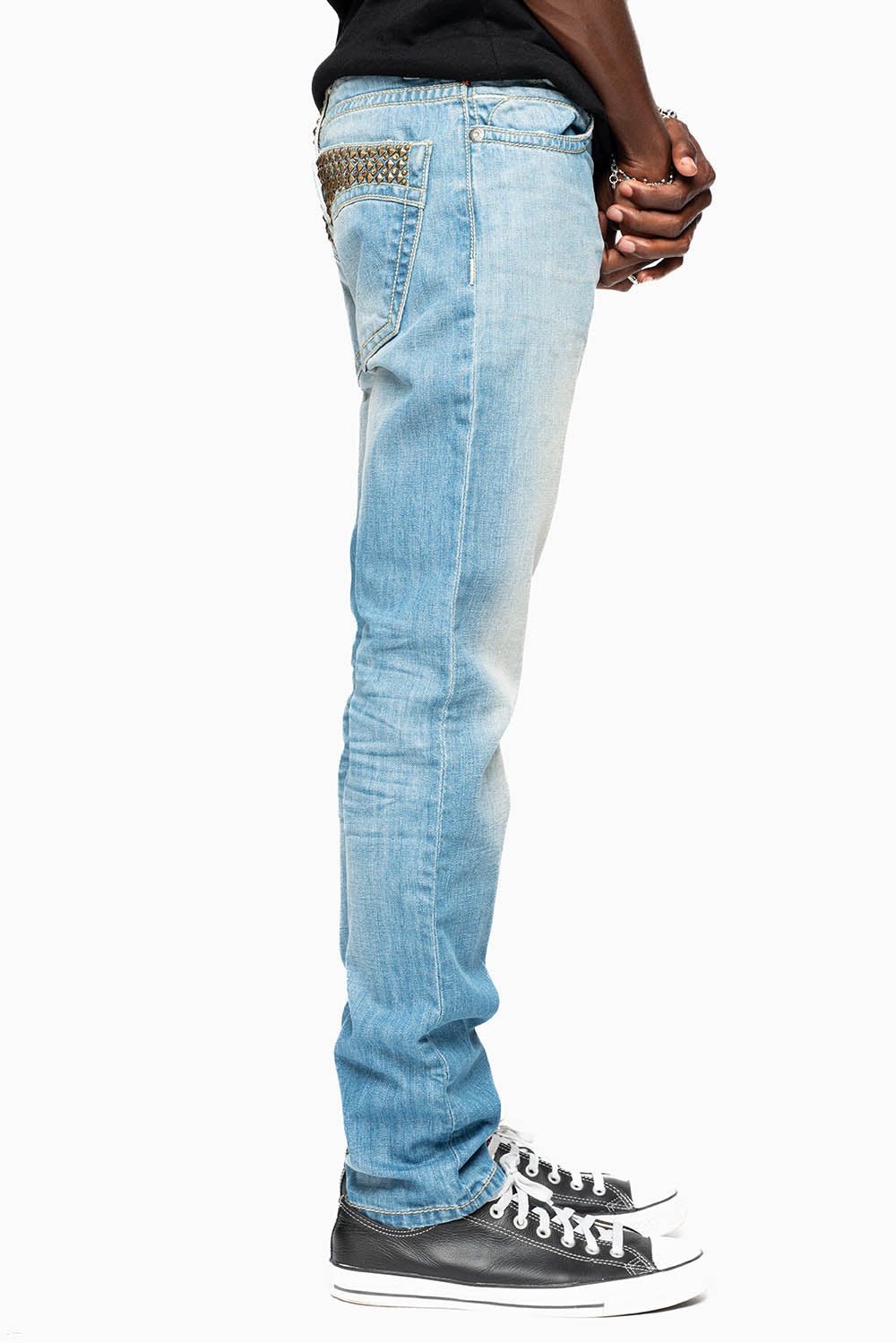 CLASSIC 5 POCKET SLIM LEG JEANS IN 3D LIGHT WASH EMBELLISHED POCKETS WITH CRYSTALS & STUDS