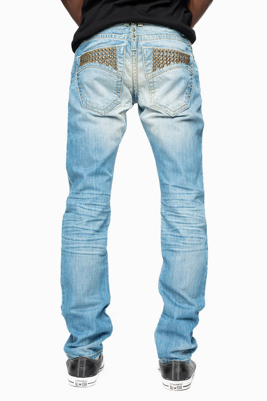 CLASSIC 5 POCKET SLIM LEG JEANS IN 3D LIGHT WASH EMBELLISHED POCKETS WITH CRYSTALS & STUDS