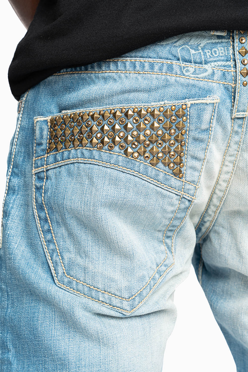 CLASSIC 5 POCKET SLIM LEG JEANS IN 3D LIGHT WASH EMBELLISHED POCKETS WITH CRYSTALS & STUDS