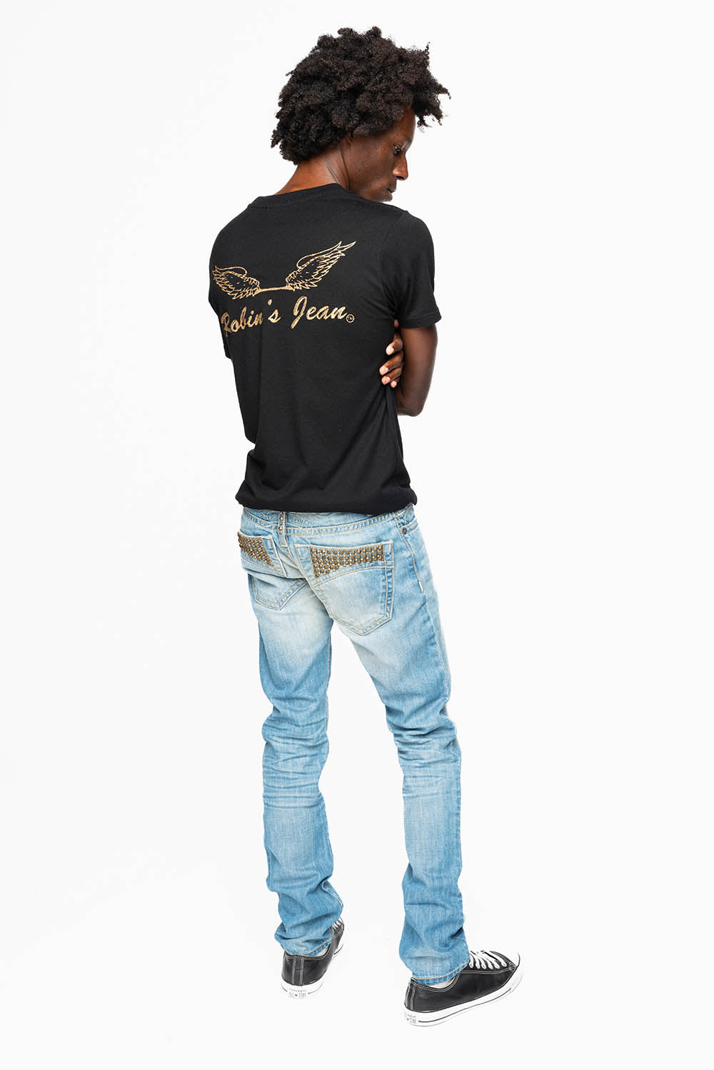 CLASSIC 5 POCKET SLIM LEG JEANS IN 3D LIGHT WASH EMBELLISHED POCKETS WITH CRYSTALS & STUDS