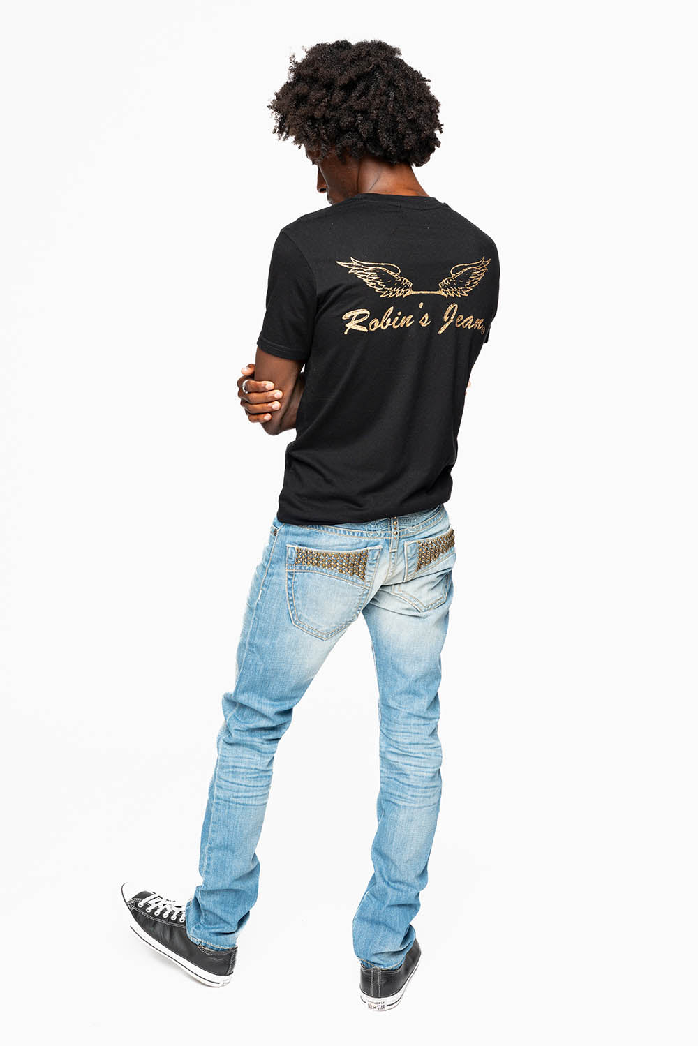 CLASSIC 5 POCKET SLIM LEG JEANS IN 3D LIGHT WASH EMBELLISHED POCKETS WITH CRYSTALS & STUDS