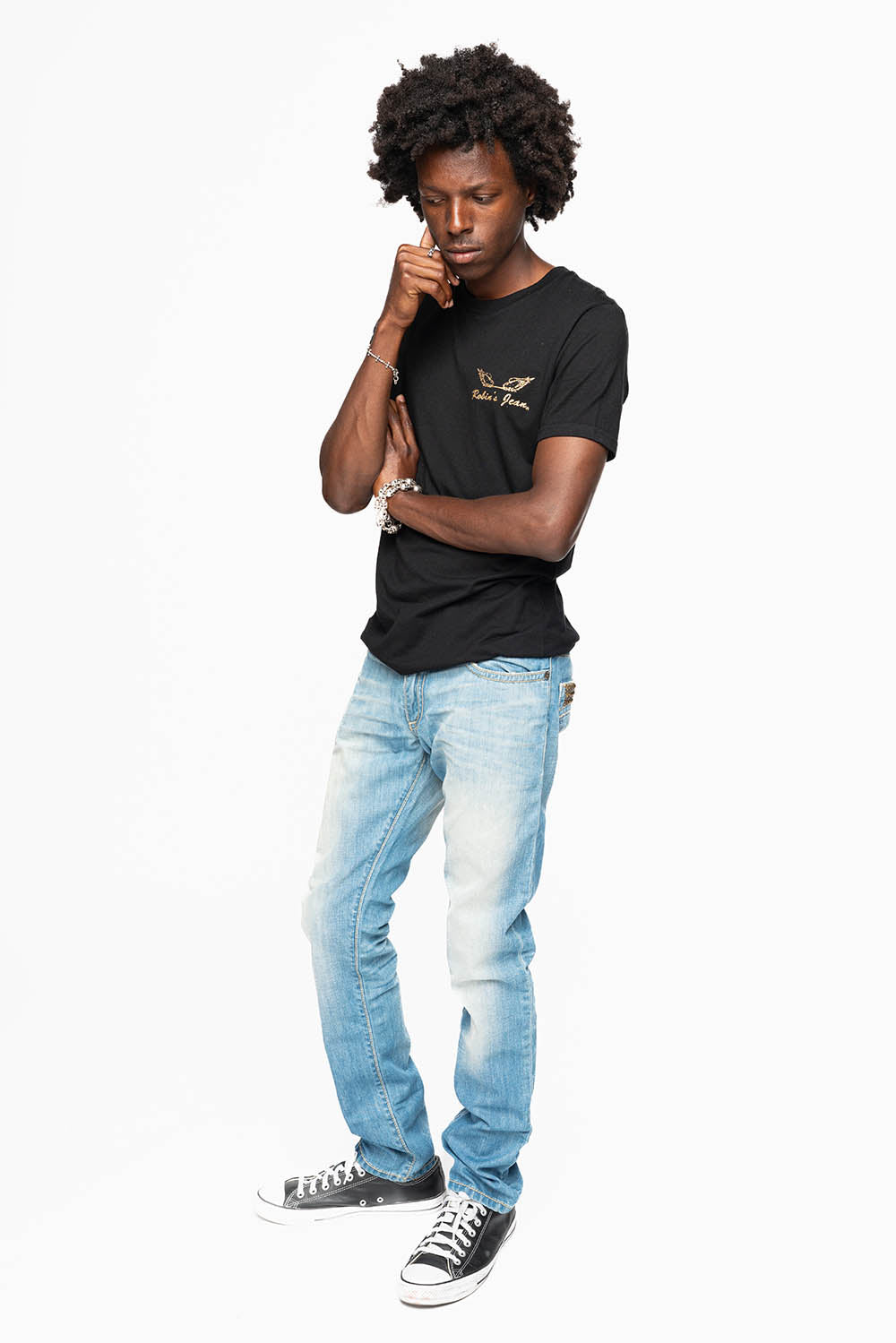 CLASSIC 5 POCKET SLIM LEG JEANS IN 3D LIGHT WASH EMBELLISHED POCKETS WITH CRYSTALS & STUDS