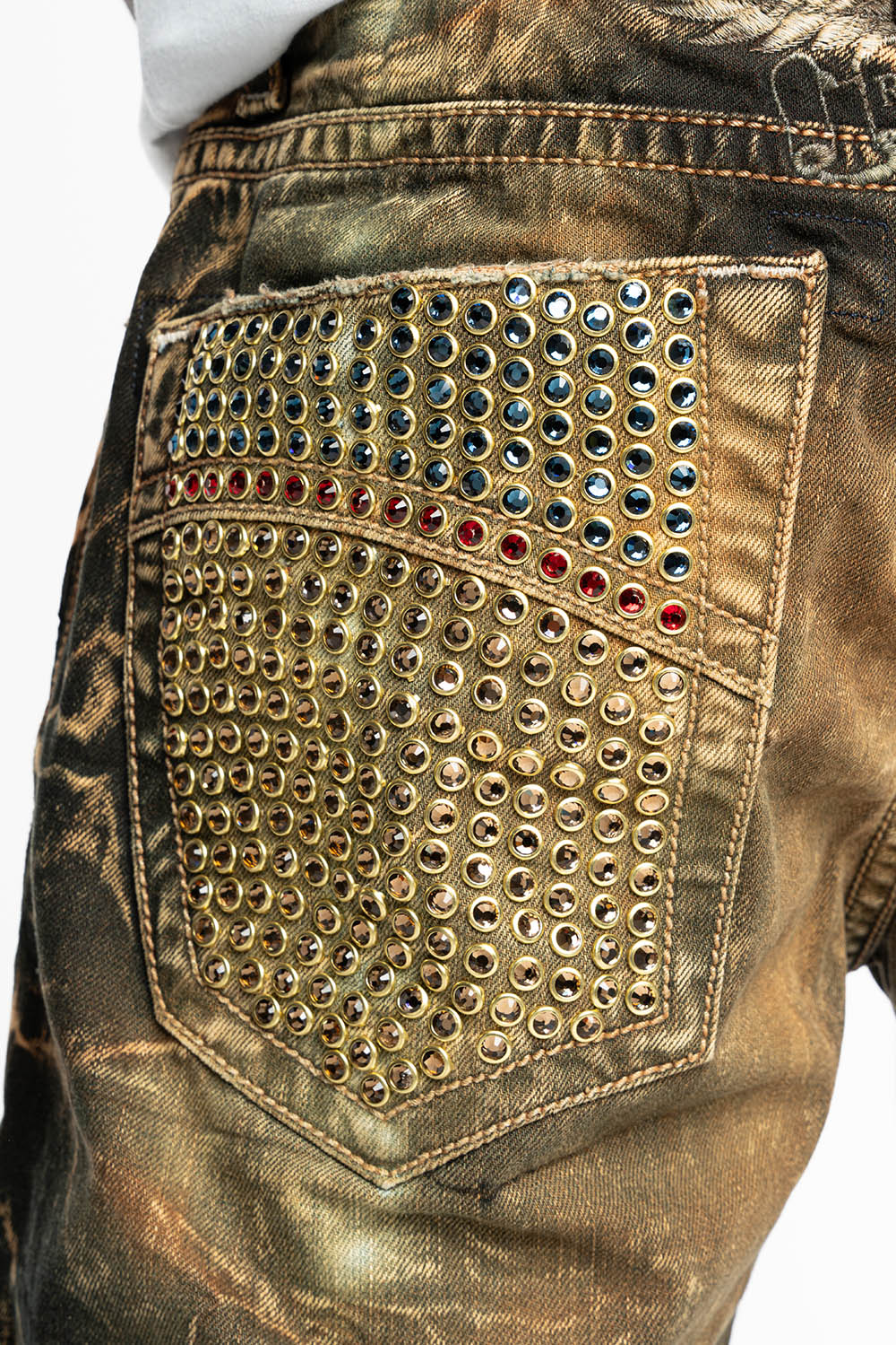 CLASSIC 5 POCKET SLIM LEG JEANS IN 4D DARK PERU WASH FULLY EMBELLISHED POCKETS WITH  LARGE CRYSTALS