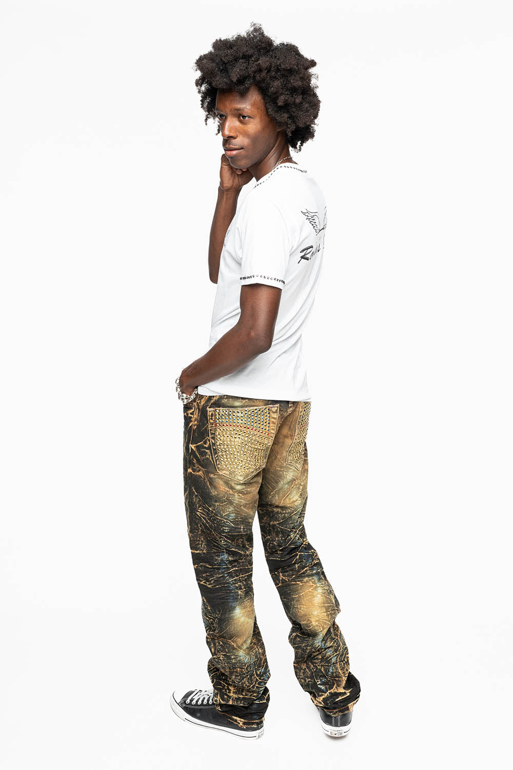 CLASSIC 5 POCKET SLIM LEG JEANS IN 4D DARK PERU WASH FULLY EMBELLISHED POCKETS WITH  LARGE CRYSTALS