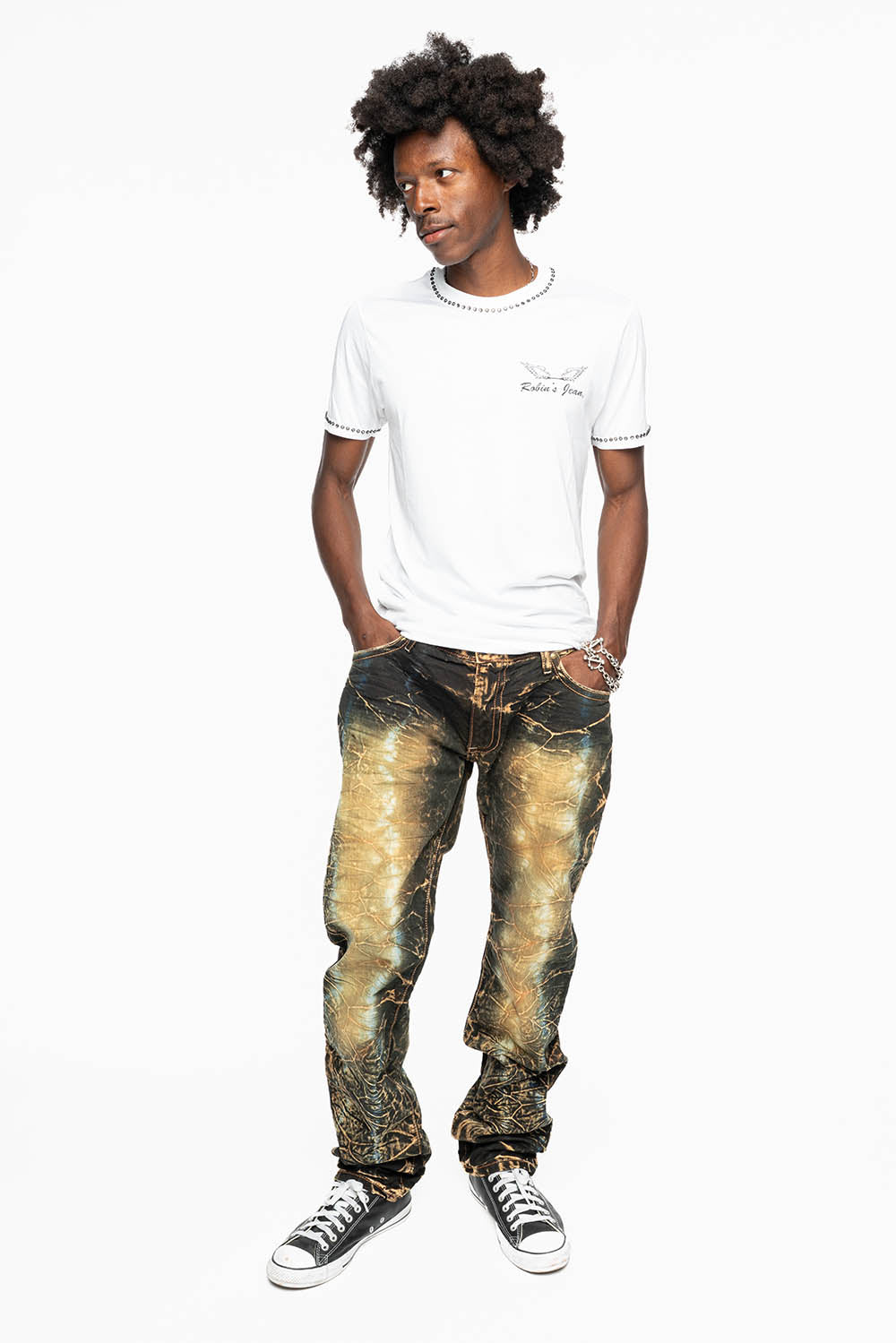 CLASSIC 5 POCKET SLIM LEG JEANS IN 4D DARK PERU WASH FULLY EMBELLISHED POCKETS WITH  LARGE CRYSTALS