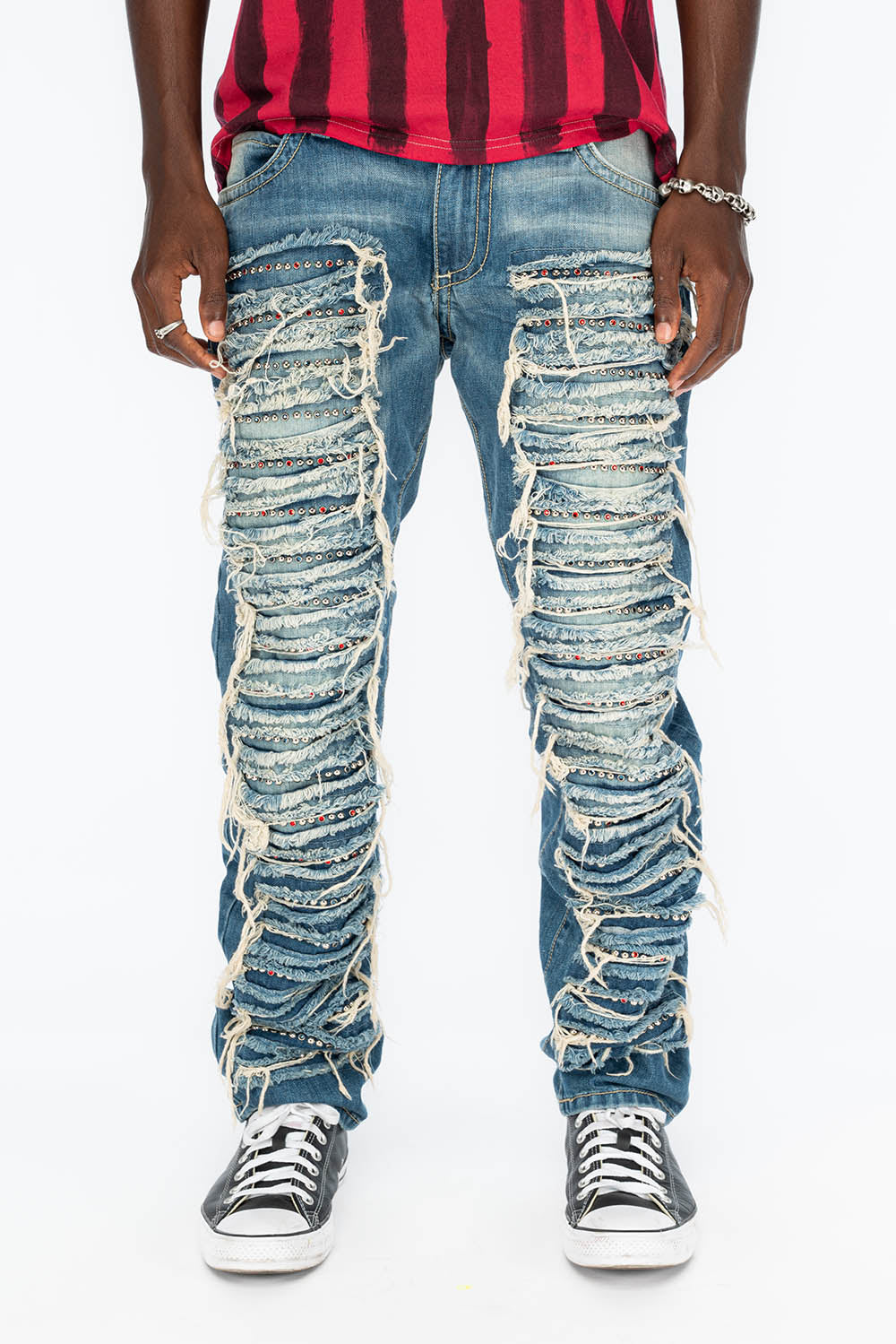 MARLON SLIM DISTRESSED,RIPPED,BROKEN HAND REPAIRED DENIM JEANS IN VINTAGE MANDAN BLUE WITH STUDS AND CRYSTALS