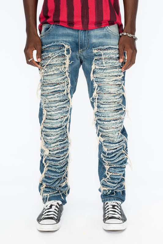 MARLON RIPPED,BROKEN HAND REPAIRED DENIM JEANS IN  MANDAN BLUE WITH STUDS AND CRYSTALS