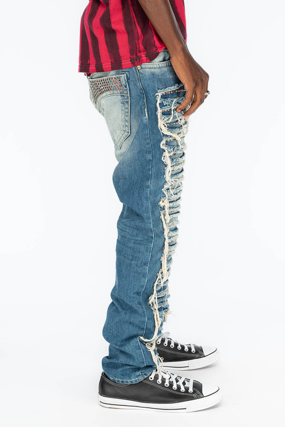 MARLON SLIM DISTRESSED,RIPPED,BROKEN HAND REPAIRED DENIM JEANS IN VINTAGE MANDAN BLUE WITH STUDS AND CRYSTALS