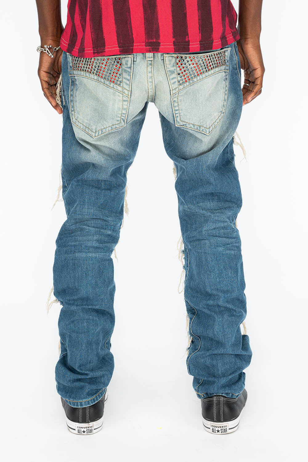 MARLON SLIM DISTRESSED,RIPPED,BROKEN HAND REPAIRED DENIM JEANS IN VINTAGE MANDAN BLUE WITH STUDS AND CRYSTALS