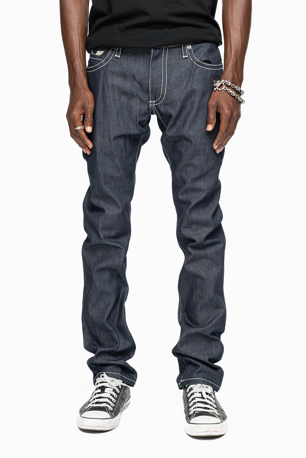 ROBIN'S SLIM FIT JEANS IN RAW DENIM EMBROIDERED ROBIN'S WING LOGO