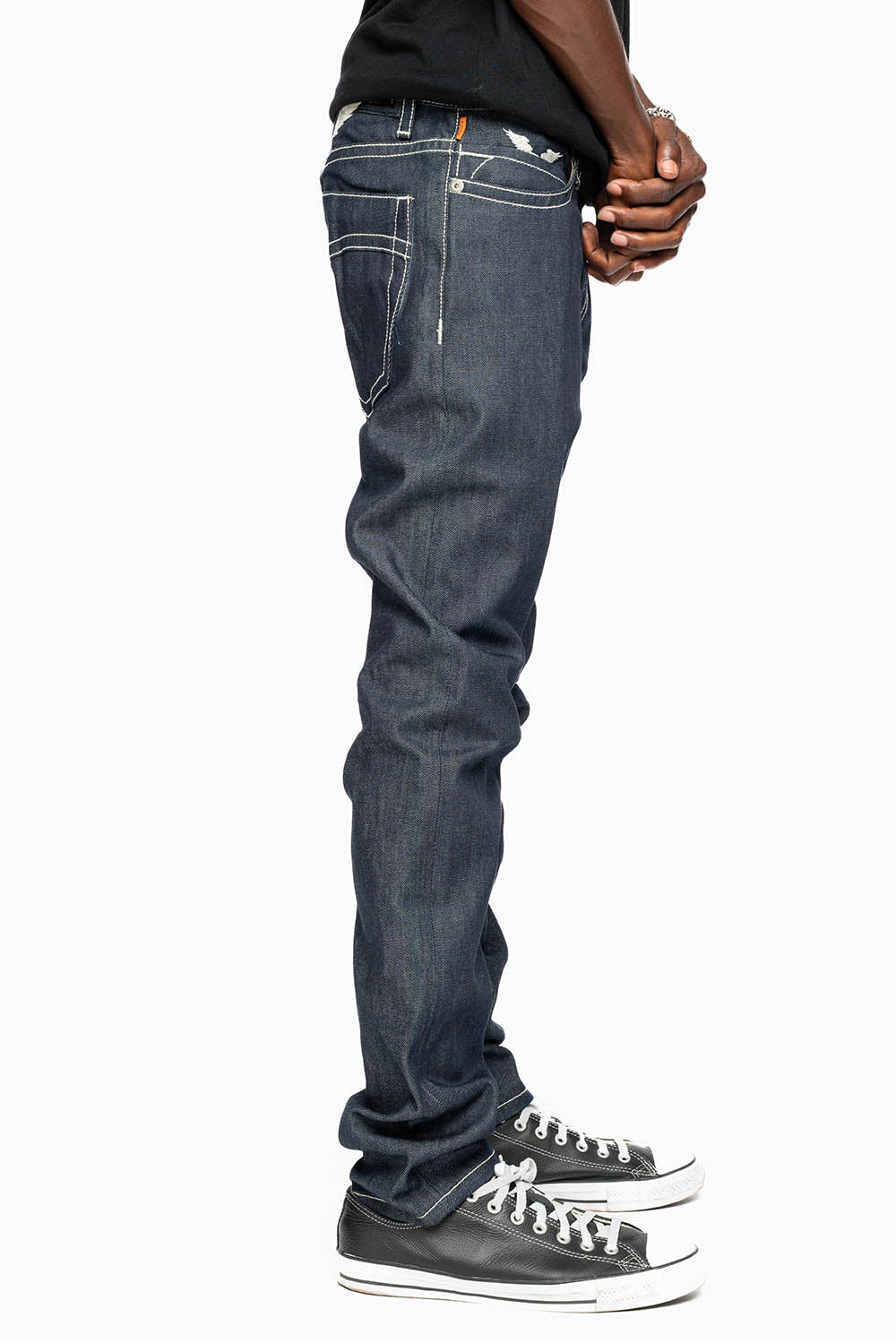 ROBIN'S SLIM FIT JEANS IN RAW DENIM EMBROIDERED ROBIN'S WING LOGO WITH WHITE STITCHING