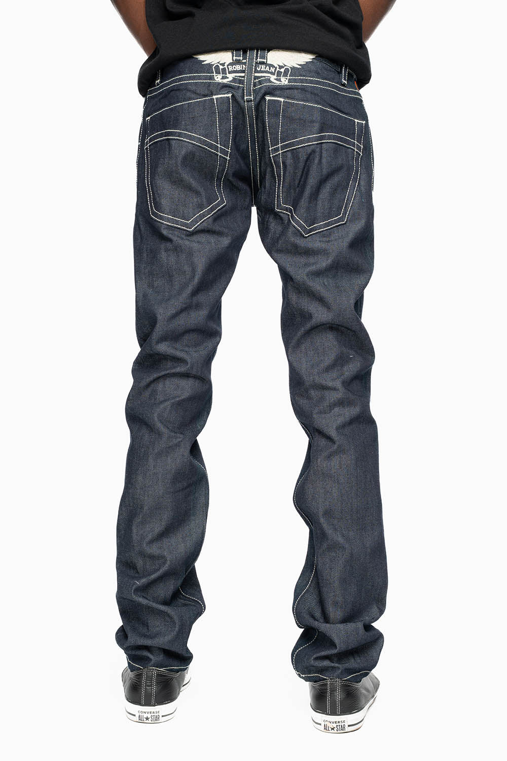 ROBIN'S SLIM FIT JEANS IN RAW DENIM EMBROIDERED ROBIN'S WING LOGO WITH WHITE STITCHING