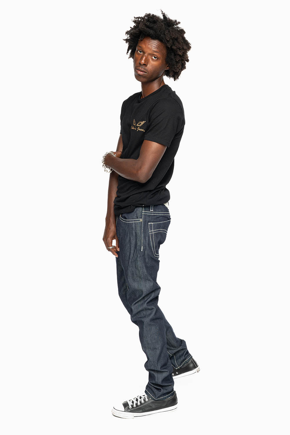 ROBIN'S SLIM FIT JEANS IN RAW DENIM EMBROIDERED ROBIN'S WING LOGO WITH WHITE STITCHING