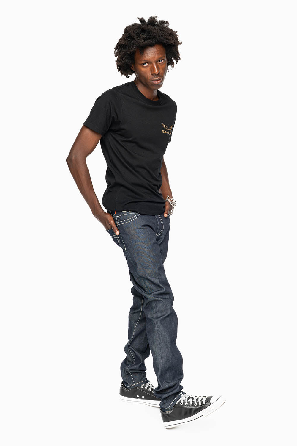ROBIN'S SLIM FIT JEANS IN RAW DENIM EMBROIDERED ROBIN'S WING LOGO WITH WHITE STITCHING
