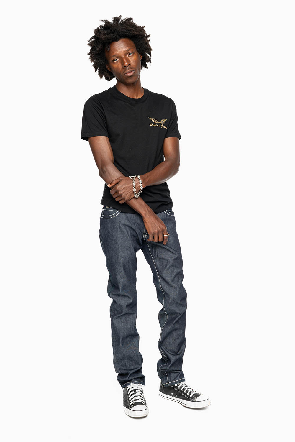 ROBIN'S SLIM FIT JEANS IN RAW DENIM EMBROIDERED ROBIN'S WING LOGO WITH WHITE STITCHING