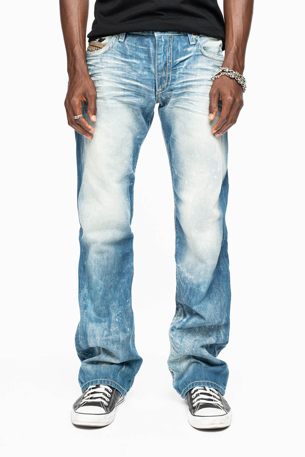 MENS CLASSIC SILVER RIVET POCKET STRAIGHT LEG JEANS IN AQUARAMA WASH WITH CRYSTALS