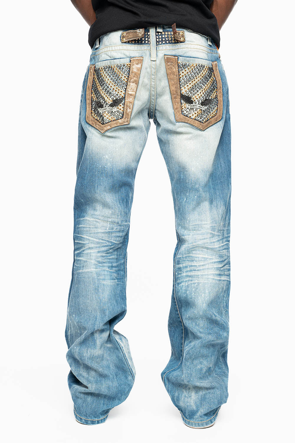 MENS CLASSIC SILVER RIVET POCKET STRAIGHT LEG JEANS IN AQUARAMA WASH WITH CRYSTALS