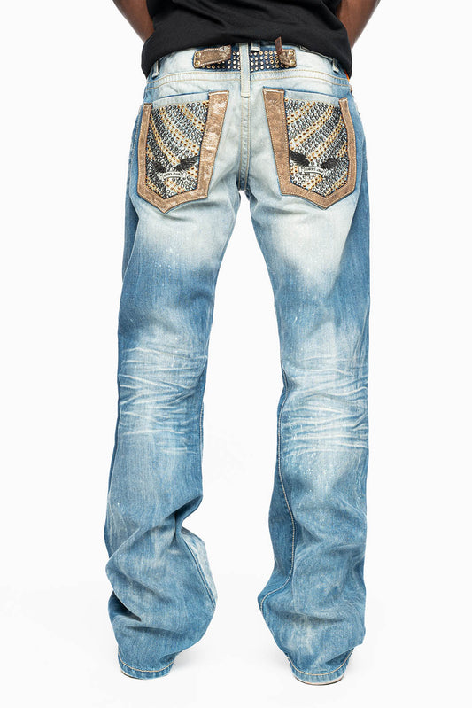 MENS CLASSIC SILVER RIVET POCKET STRAIGHT LEG JEANS IN AQUARAMA WASH WITH CRYSTALS