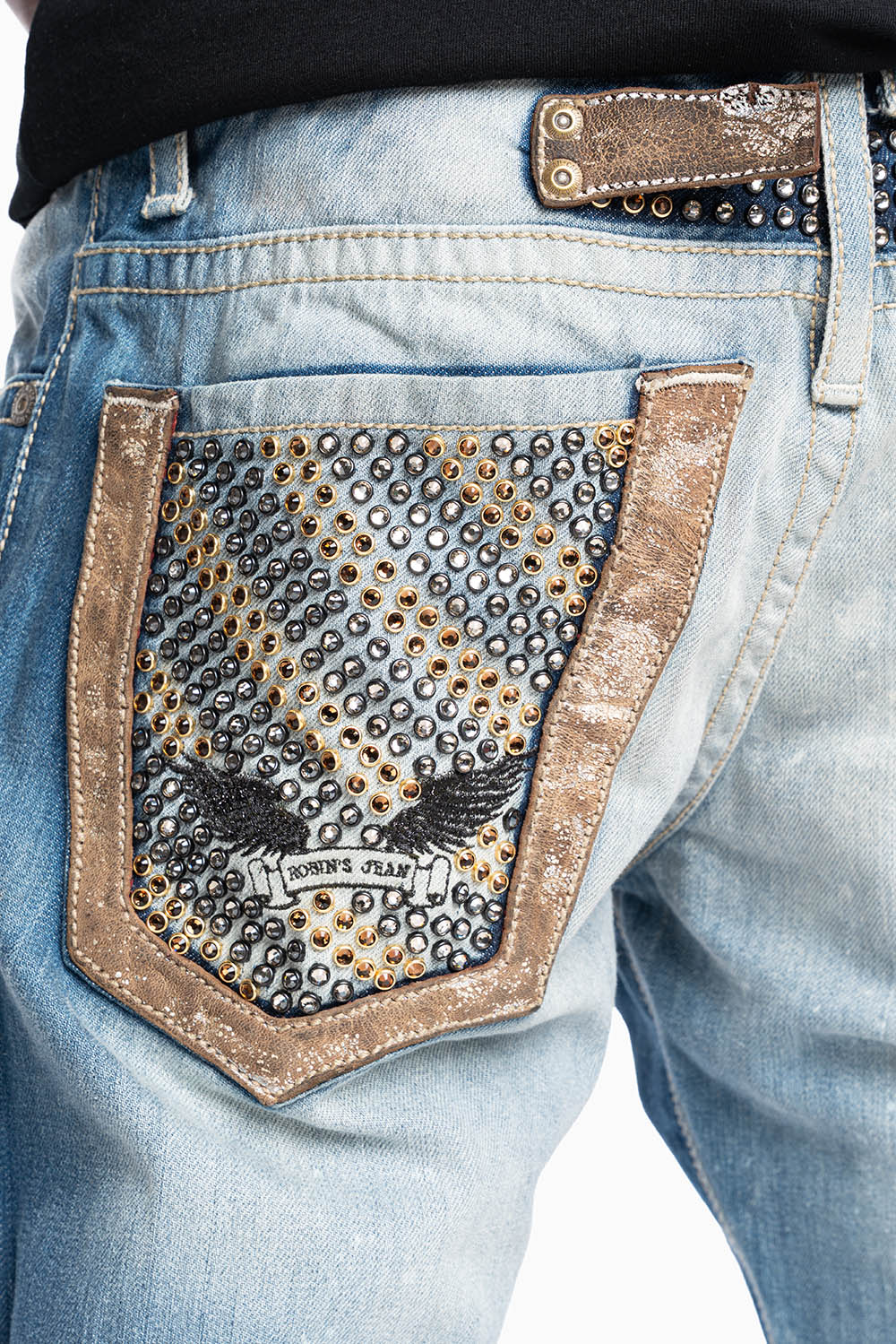 MENS CLASSIC SILVER RIVET POCKET STRAIGHT LEG JEANS IN AQUARAMA WASH WITH CRYSTALS