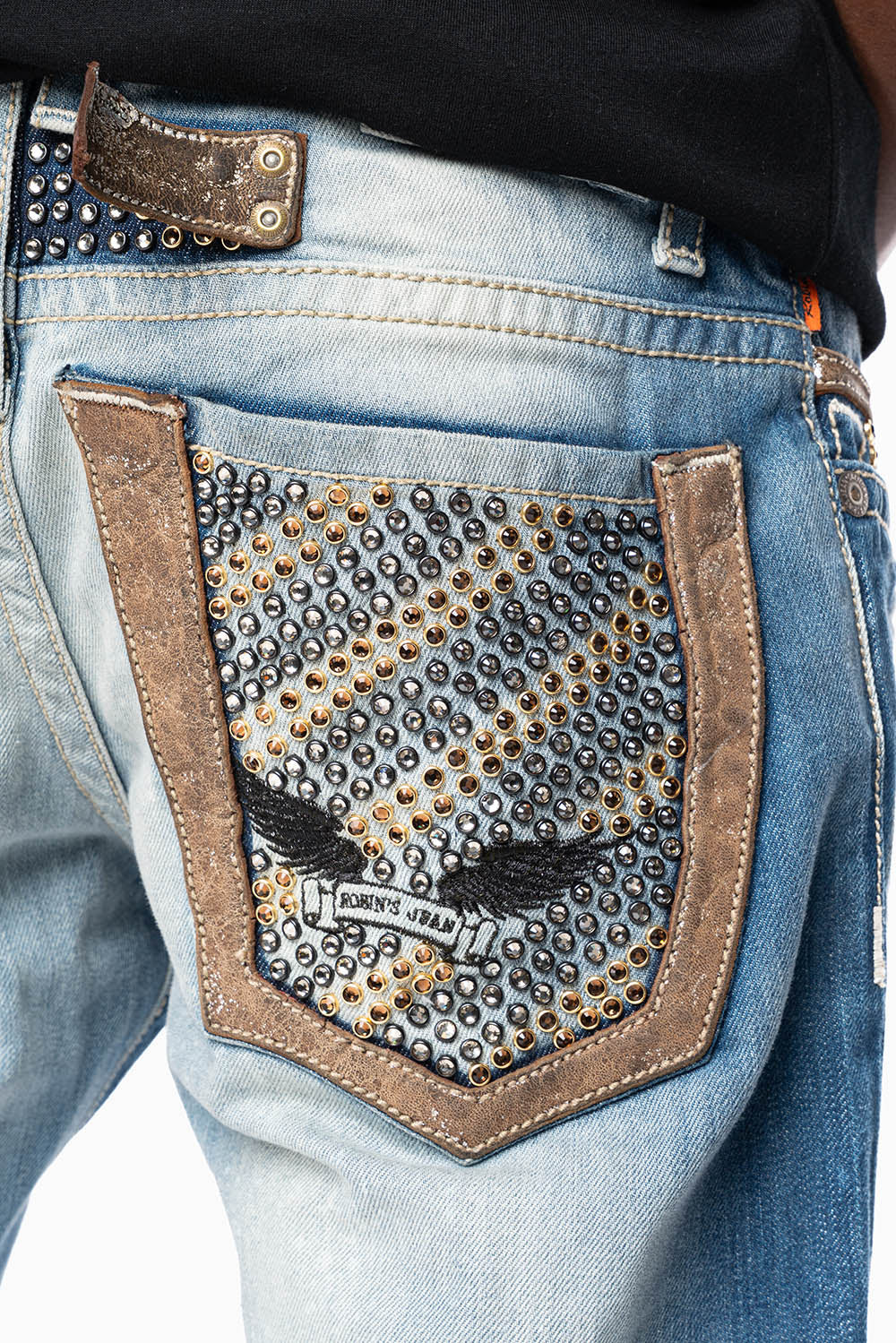 MENS CLASSIC SILVER RIVET POCKET STRAIGHT LEG JEANS IN AQUARAMA WASH WITH CRYSTALS