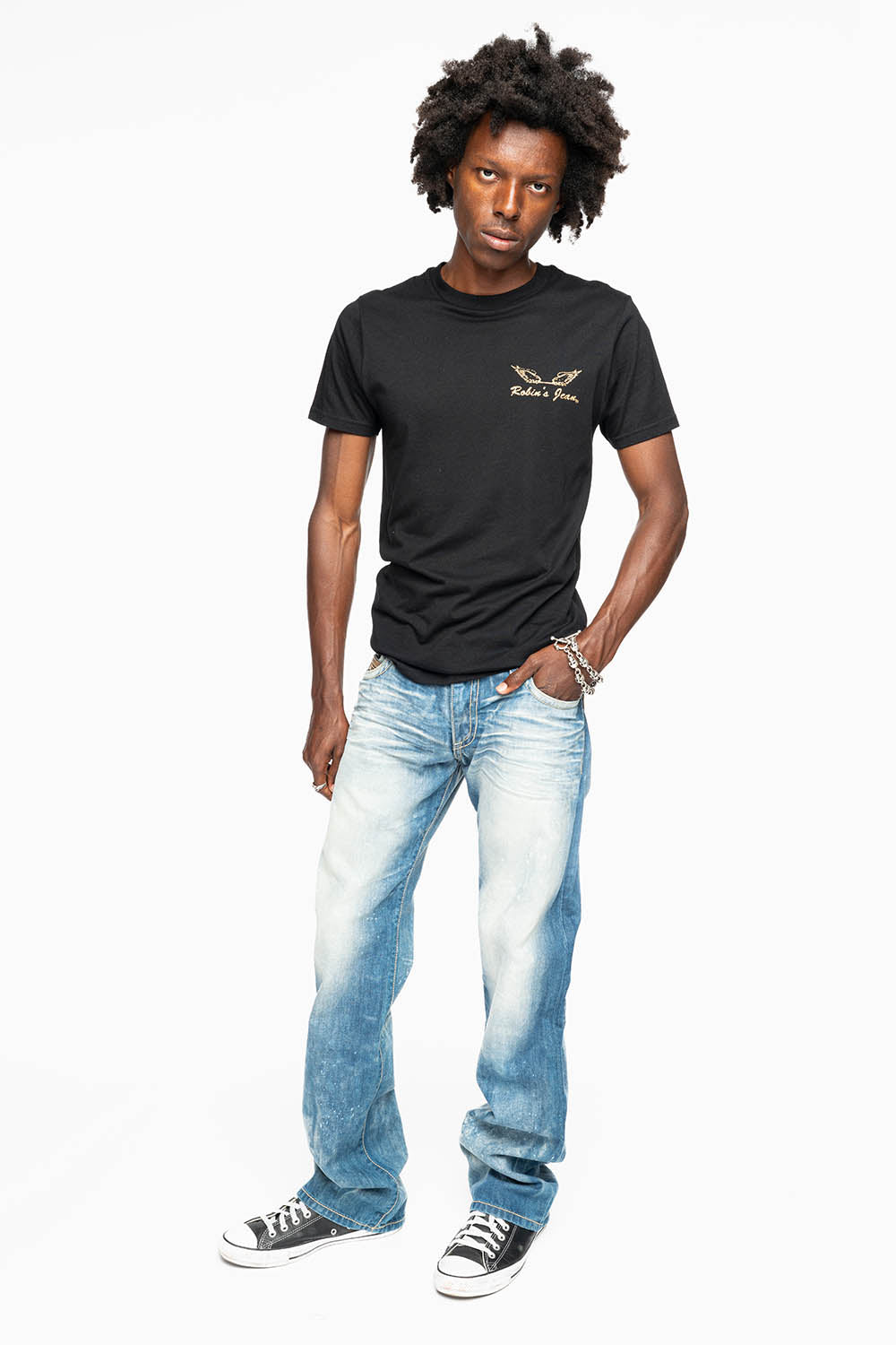 MENS CLASSIC SILVER RIVET POCKET STRAIGHT LEG JEANS IN AQUARAMA WASH WITH CRYSTALS
