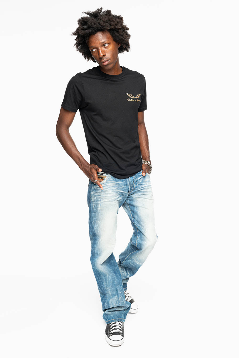 MENS CLASSIC SILVER RIVET POCKET STRAIGHT LEG JEANS IN AQUARAMA WASH WITH CRYSTALS