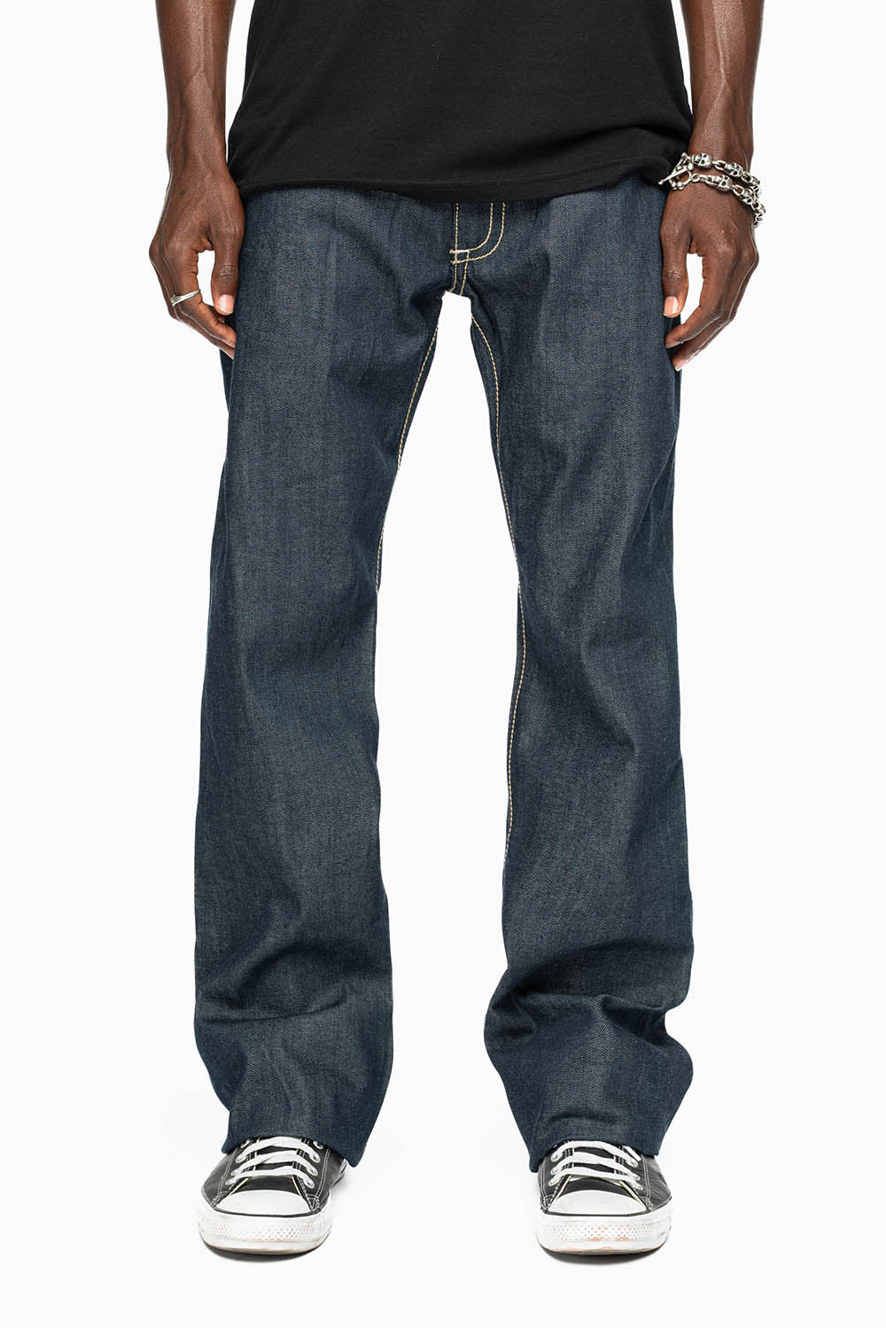 ROBIN’S BOOT CUT STURGIS WESTERN JEAN  IN RAW DENIM WITH LEATHER INSERTS EMBELLISHED WITH CRYSTALS