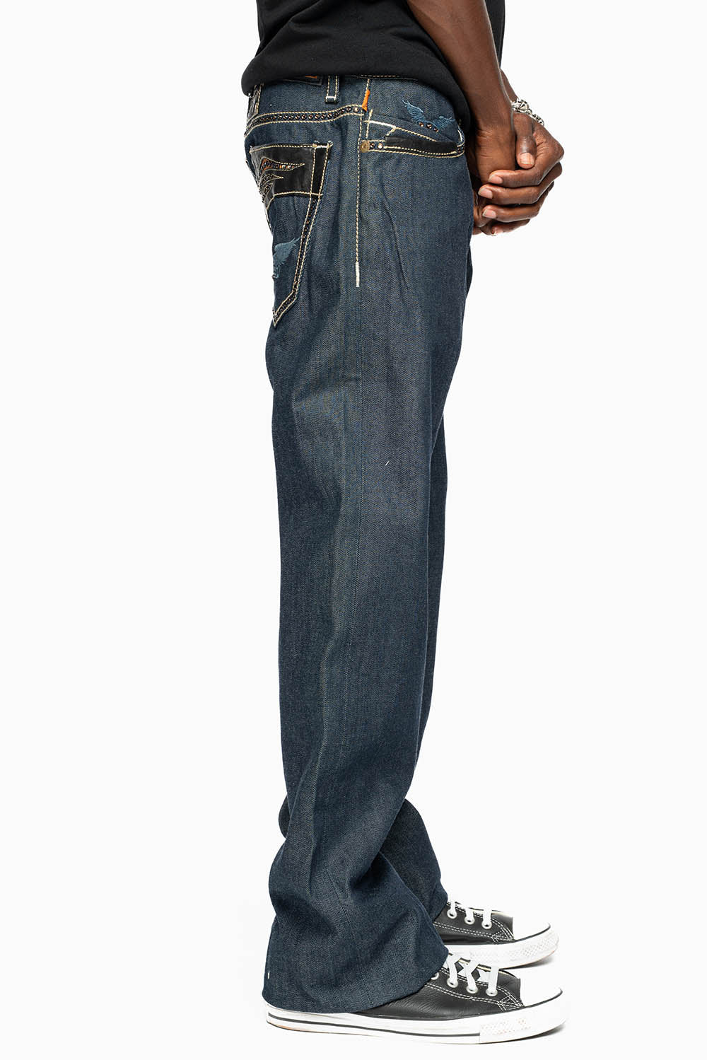 ROBIN’S BOOT CUT STURGIS WESTERN JEAN  IN RAW DENIM WITH LEATHER INSERTS EMBELLISHED WITH CRYSTALS