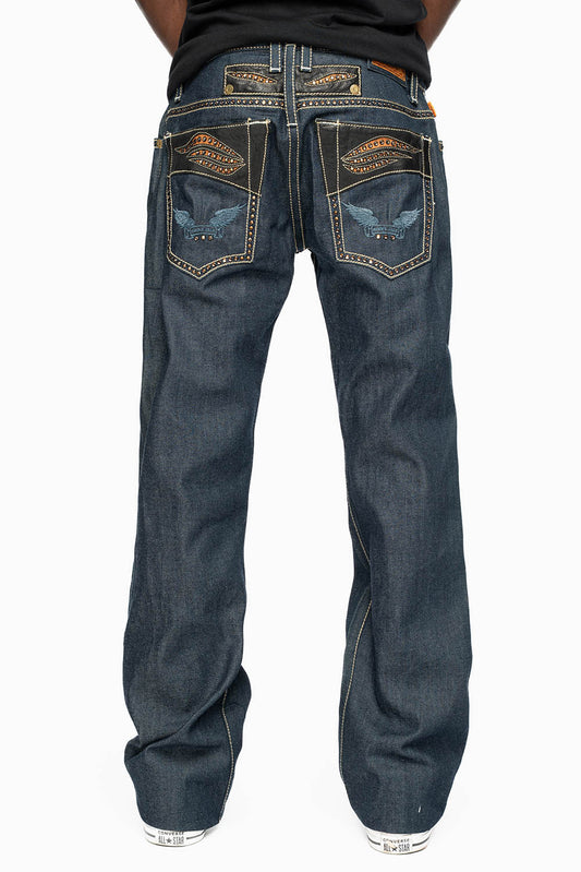 ROBIN’S BOOT CUT STURGIS WESTERN JEAN  IN RAW DENIM WITH LEATHER INSERTS EMBELLISHED WITH CRYSTALS