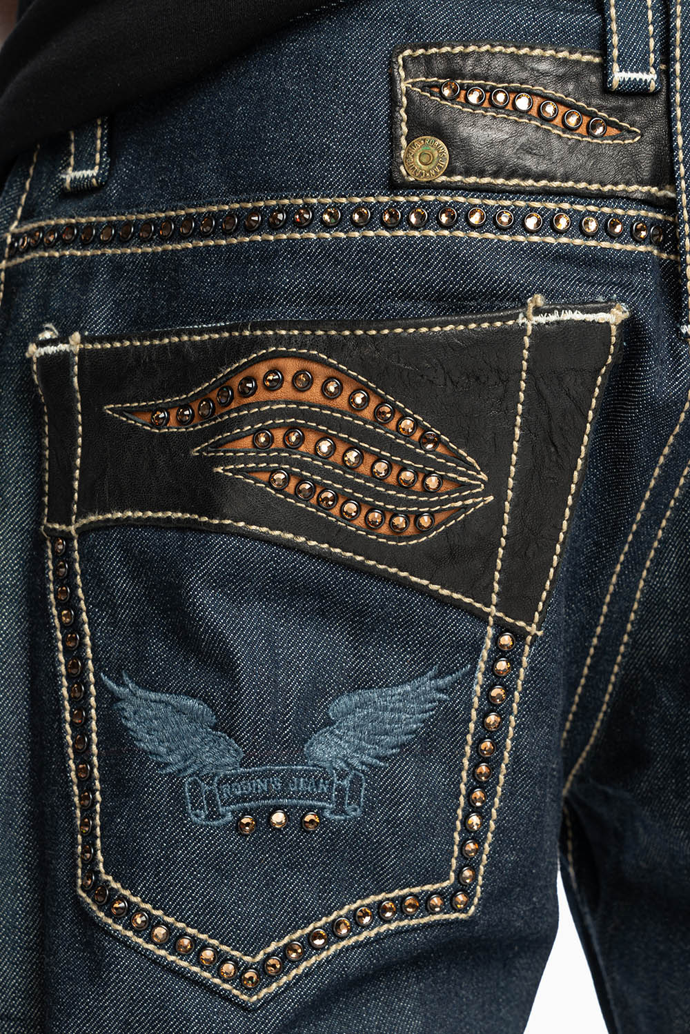 ROBIN’S BOOT CUT STURGIS WESTERN JEAN  IN RAW DENIM WITH LEATHER INSERTS EMBELLISHED WITH CRYSTALS