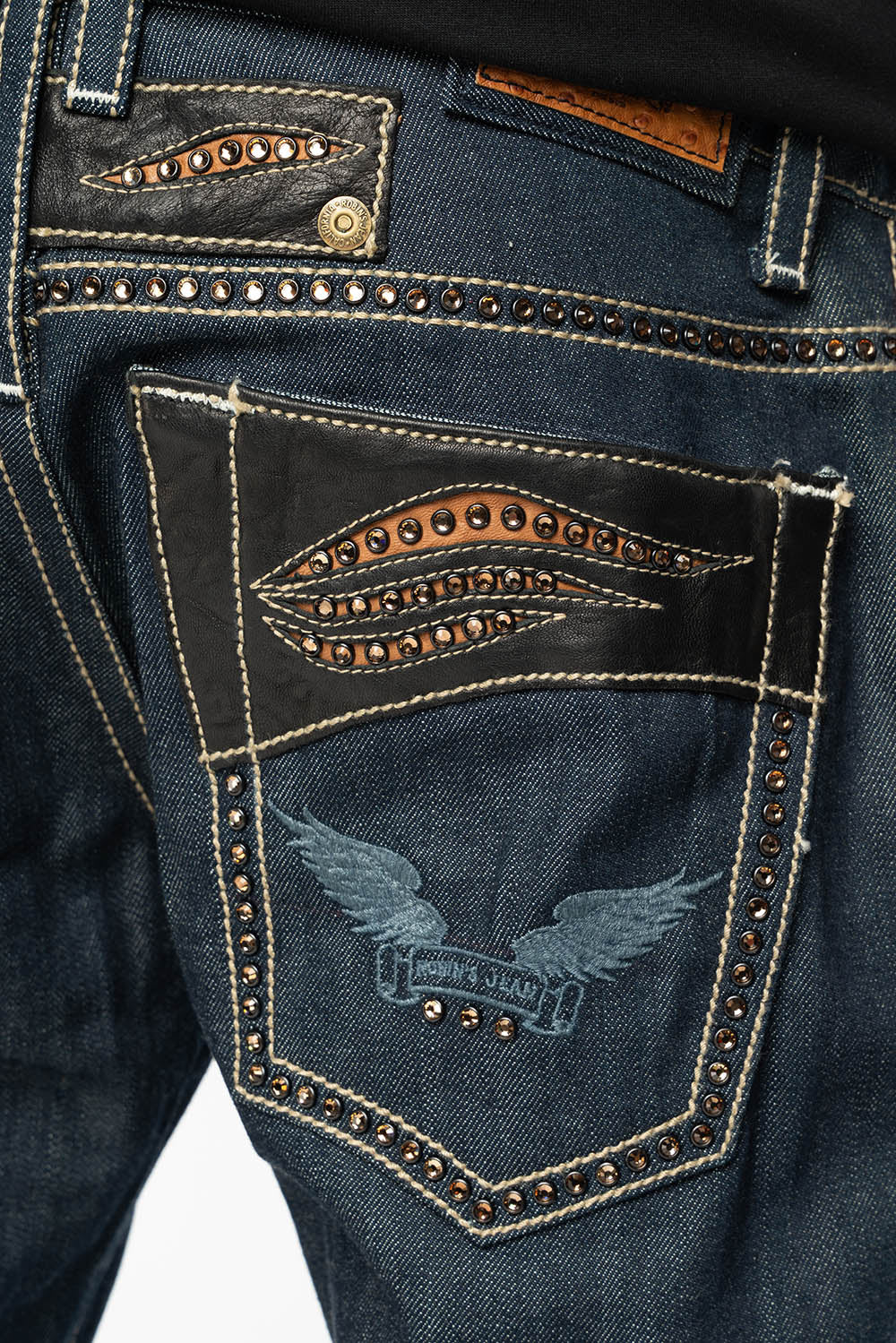 ROBIN’S BOOT CUT STURGIS WESTERN JEAN  IN RAW DENIM WITH LEATHER INSERTS EMBELLISHED WITH CRYSTALS