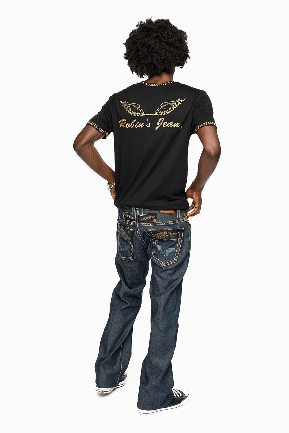 ROBIN’S BOOT CUT STURGIS WESTERN JEAN  IN RAW DENIM WITH LEATHER INSERTS EMBELLISHED WITH CRYSTALS