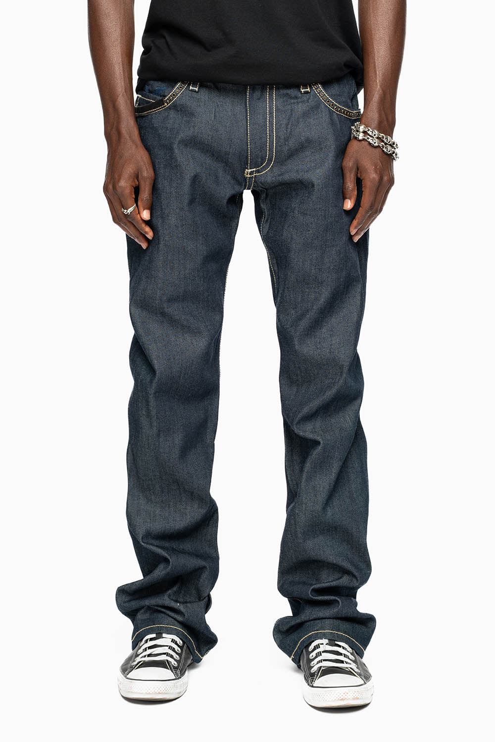 ROBIN’S BOOT CUT FAT BOY WESTERN JEAN  IN RAW DENIM WITH LEATHER INSERTS EMBELLISHED WITH CRYSTALS