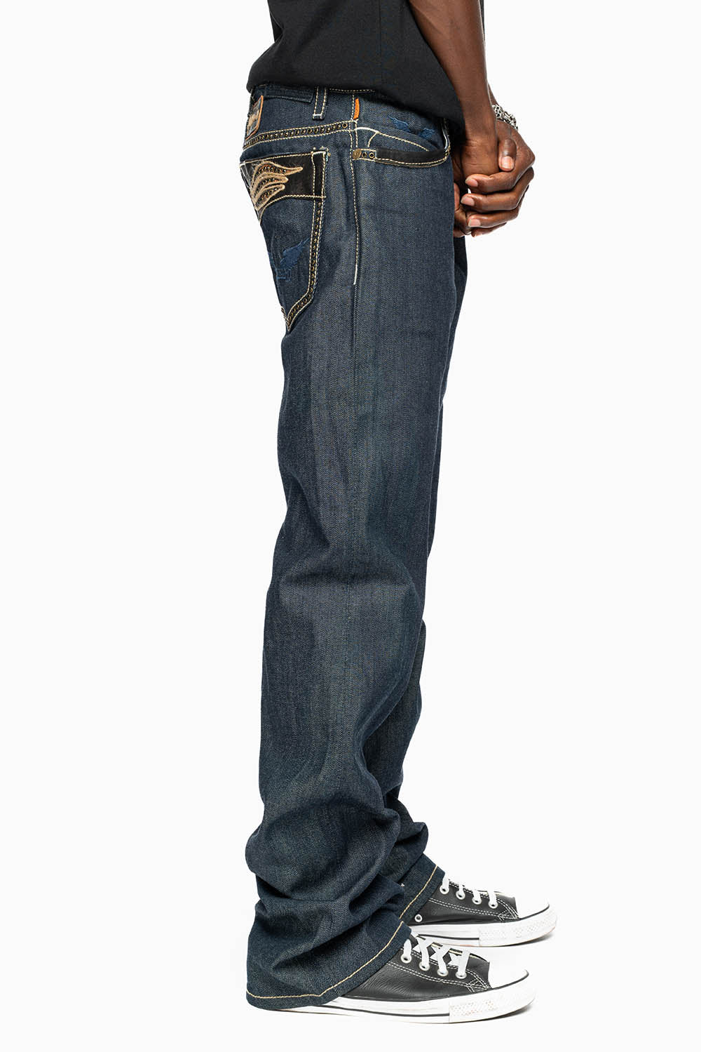 ROBIN’S BOOT CUT FAT BOY WESTERN JEAN  IN RAW DENIM WITH LEATHER INSERTS EMBELLISHED WITH CRYSTALS