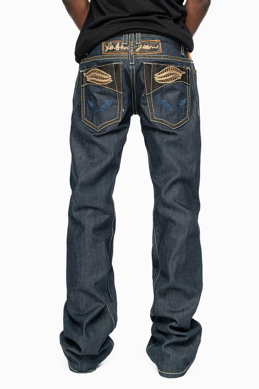 ROBIN’S BOOT CUT FAT BOY WESTERN JEAN  IN RAW DENIM WITH LEATHER INSERTS EMBELLISHED WITH CRYSTALS