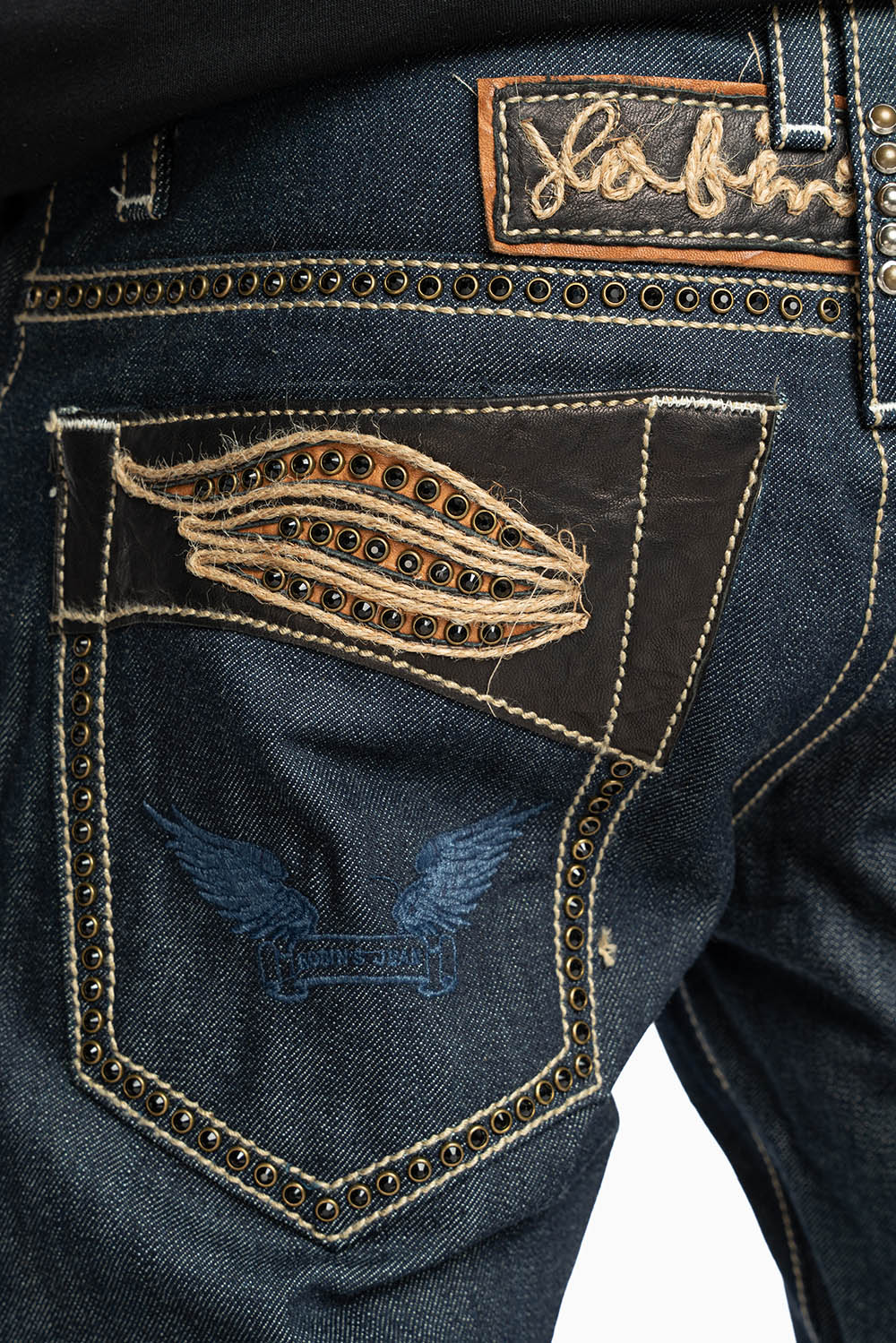 ROBIN’S BOOT CUT FAT BOY WESTERN JEAN  IN RAW DENIM WITH LEATHER INSERTS EMBELLISHED WITH CRYSTALS