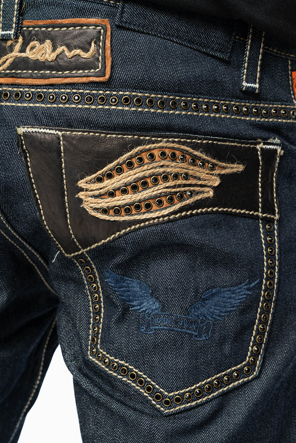 ROBIN’S BOOT CUT FAT BOY WESTERN JEAN  IN RAW DENIM WITH LEATHER INSERTS EMBELLISHED WITH CRYSTALS